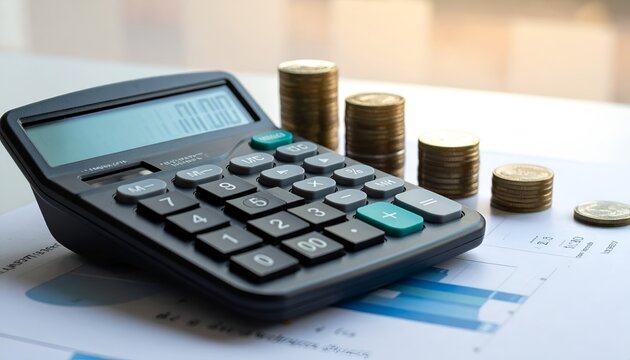 Budget planning and financial growth concept with calculator and rising coin stacks, representing profitability, interest earnings, and economic progress.