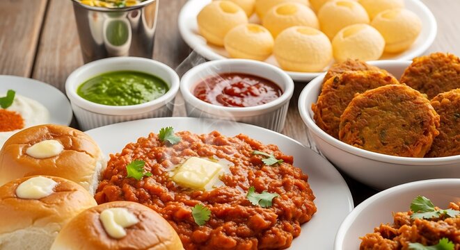 Pav Bhaji and Pani Puri Indian street food assortment on a wooden table