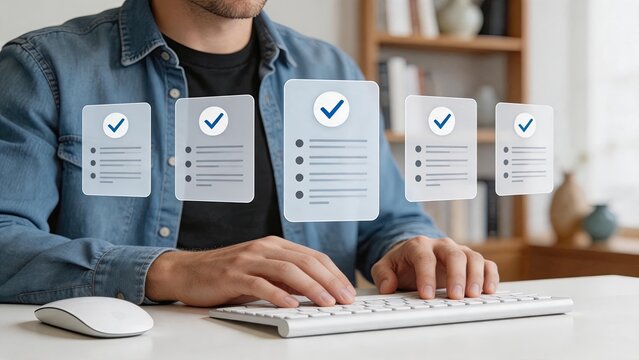Multiple documents with checkmarks floating above keyboard, completed tasks concept, approval process, quality assurance, verified information, administrative success, paperwork