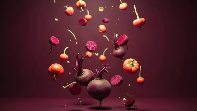 Colorful assortment of fresh vegetables including beets, tomatoes, and radishes floating in mid-air against a rich maroon background, showcasing vibrant colors and textures