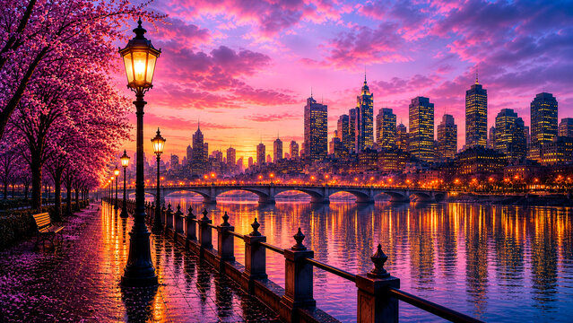 City skyline at sunset with pink cherry blossoms and river. Urban landscape with glowing street lamps and skyscrapers at dusk. Spring evening in the metropolis