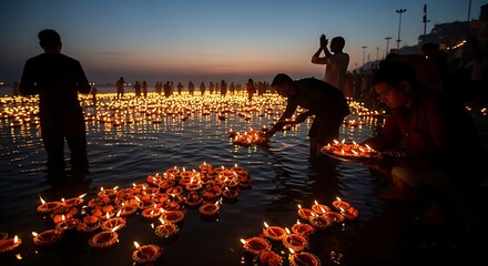 Fototapeta premium People floating diya lamps on river during evening religious festival