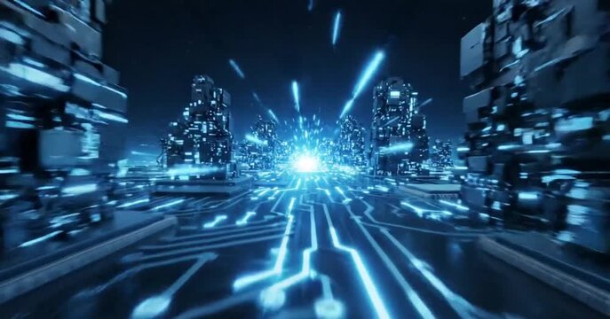 Futuristic 3D animation of a digital city built on a circuit board with glowing blue data lines and CPU chips representing artificial intelligence and cloud computing.
