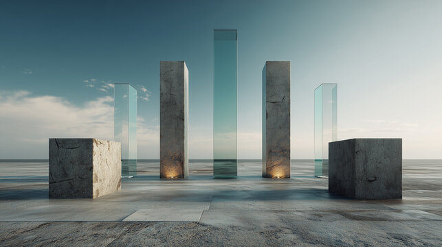 Ai Modern architecture structure with glass and stone blocks standing on a flat surface under a clear sky