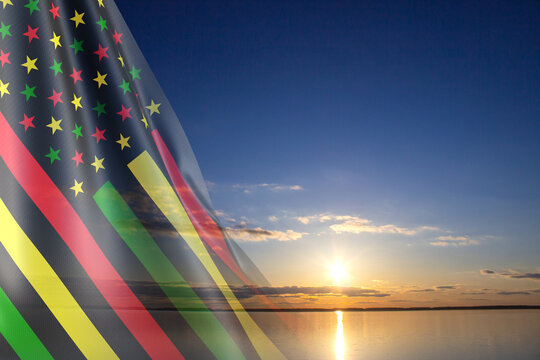 Alternative Juneteenth Flag against the sunset. Juneteenth Freedom Day. June 19, Since 1865