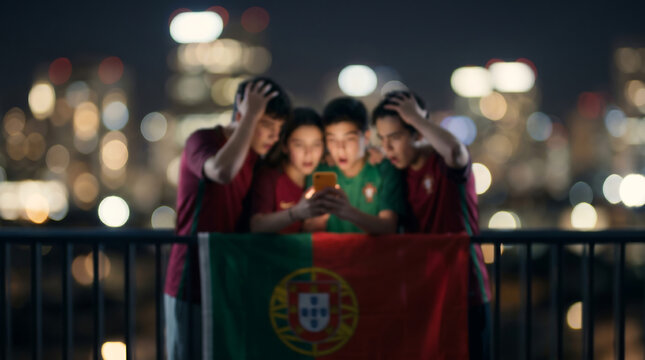 Emotional Portugal soccer and football fans react with shock to a match on a smartphone in this intentionally blurred night scene for sports media, editorial layouts, and web backgrounds.