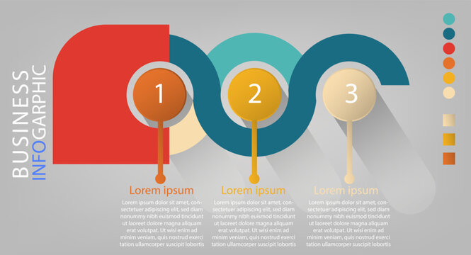 Vector 3 steps business infographic template with colorful wave line diagram, modern horizontal timeline process chart on grey background.