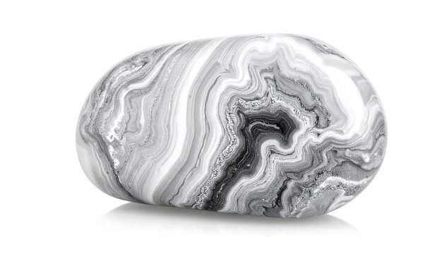 A polished, oval-shaped stone with intricate, swirling patterns of black, white, and gray