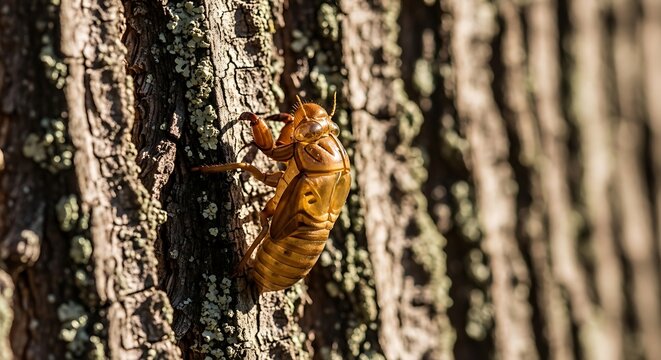 Cicada exoskeleton shell clinging to tree bark in a forest close-up