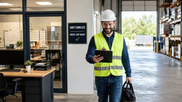 Smiling warehouse worker in white hard hat and high-visibility vest walks with clipboard and duffel bag past office and shelving in a bright industrial warehouse