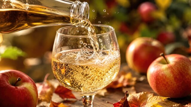 Golden sparkling apple cider being poured into a glass amid red apples and colorful autumn leaves, evoking a cozy harvest celebration