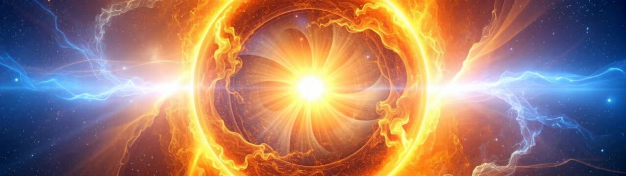 Cosmic star generating bright rays, representing power and creation in the universe. Blue and yellow energetic flows.