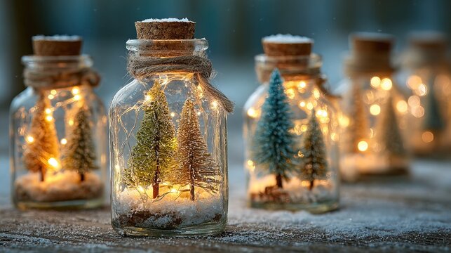 Enchanting Miniature Christmas Tree Terrariums with Warm Fairy Lights and Snowflakes