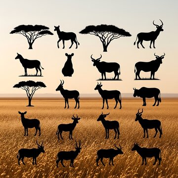 Giraffes and zebras grazing in African savanna.