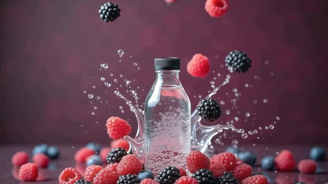 Clear glass bottle splashes water surrounded by fresh raspberries and blackberries on a dark red background, showcasing vibrant fruit and liquid motion