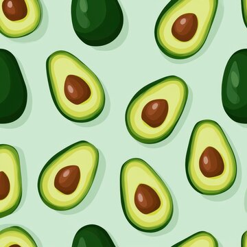 Vibrant and playful abstract pattern of halved avocados dancing across a fresh mint backdrop. National Avocado Day