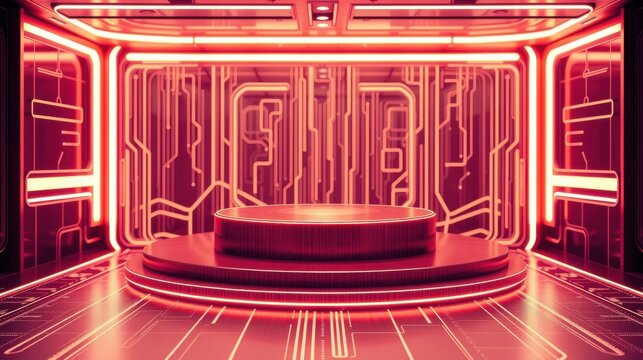 Futuristic room features glowing red neon lines. Circular platform center stage, dark background creates dramatic effect. Minimalist design.