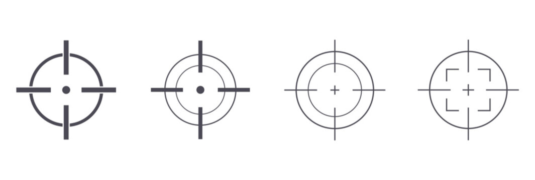 Crosshair and target icon set, minimalist sniper scope reticle symbols, abstract vector illustration on white background