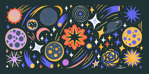 Fototapeta premium Cosmic scene with planets stars and comets colorful vector illustration