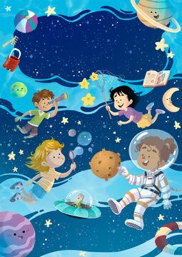 Illustration of children in space playing with summer vacation items