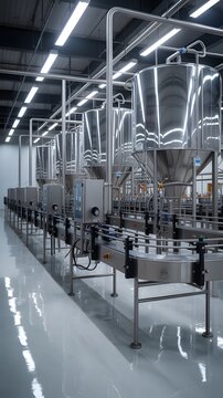 Modern industrial stainless steel fermentation tanks in a high-tech facility