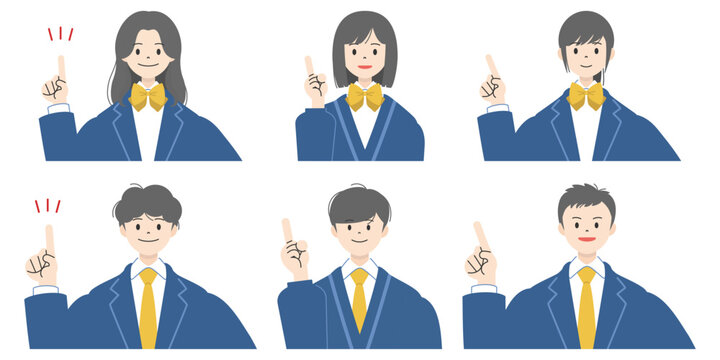 笑顔で人差し指を立て指差しポーズをする制服姿の高校生男女6人の上半身イラストセット