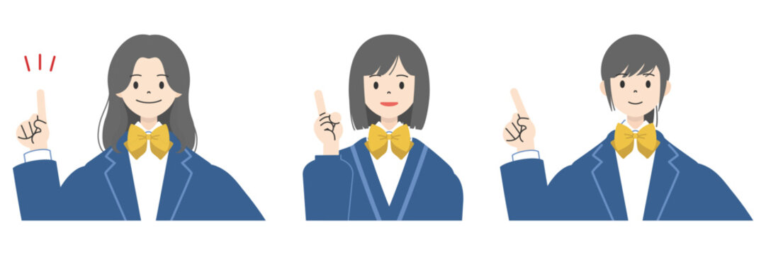 Adobe Illustrator Artwork笑顔で人差し指を立て指差しポーズをする制服姿の女子高校生3人の上半身イラストセット