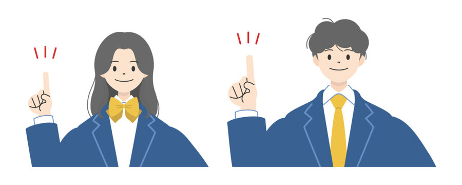 笑顔で人差し指を立て指差しポーズをする制服姿の高校生男女2人の上半身イラストセット1