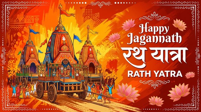 Vector design of Ratha Yatra of Lord Jagannath, Balabhadra and Subhadra on Chariot for the ocassion of Odisa god Rathyatra Festival