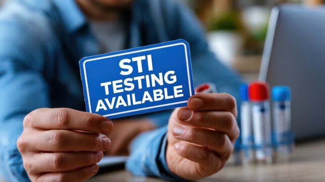 Two hands holding a sign that reads "STI Testing Available" beside a testing kit, promoting sexual health awareness and encouraging testing and prevention.