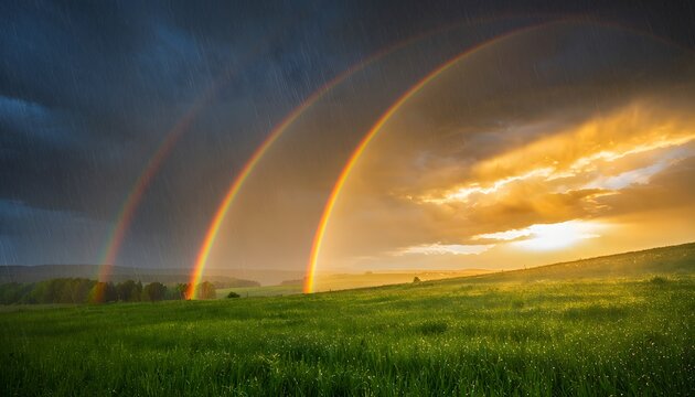 Double Rainbow Over Green Field at Sunset with Stormy Sky and Dramatic Lighting