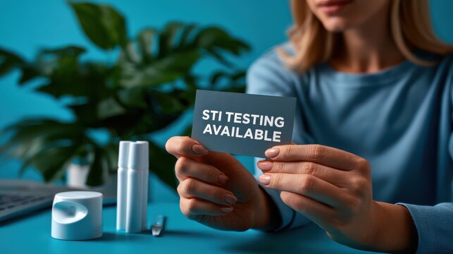 Two hands holding a sign that reads "STI Testing Available" beside a testing kit, promoting health awareness and sexual health services in a clinical or community setting.