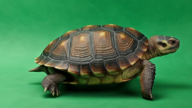A realistic sea turtle glides smoothly through the frame with natural flipper movements and realistic underwater motion simulation, isolated on green screen.