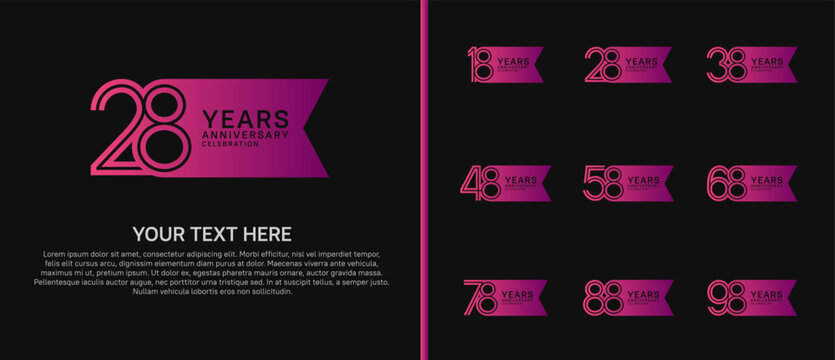 anniversary logo set with ribbon shape. purple color on black background for celebration moment