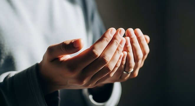 Person praying with cupped hands in a gesture of supplication and hope