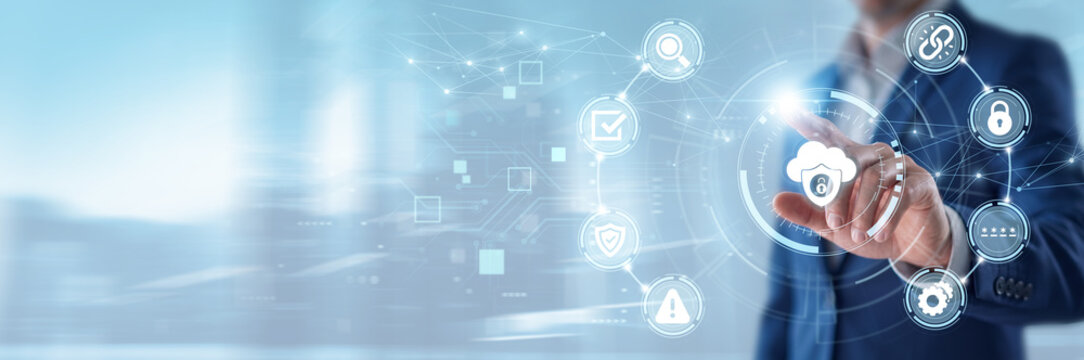 Cloud security, Businessman touching cloud security dashboard and networking data, cybersecurity protection systems, encrypted digital infrastructure, secure online data management