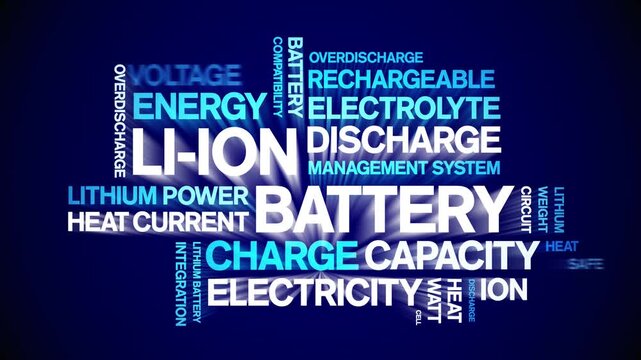 Li-ion Battery animated word cloud-text design animation tag kinetic typography seamless loop.