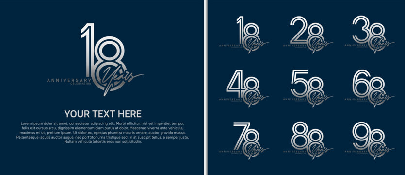 anniversary logo set with handwriting. silver color on blue background for celebration moment