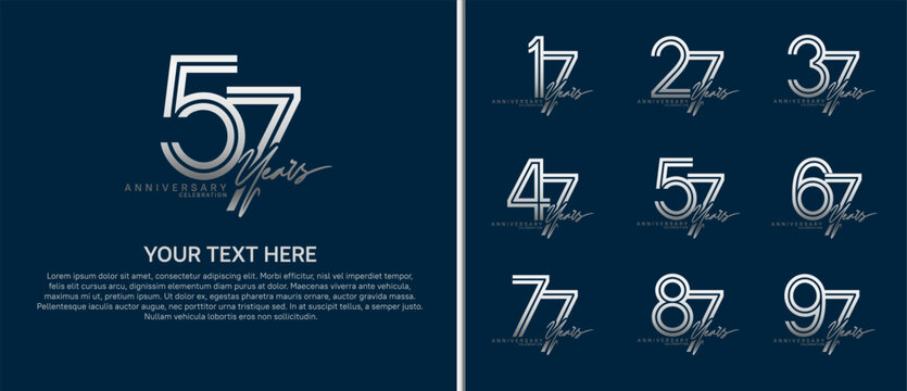 anniversary logo set with handwriting. silver color on blue background for celebration moment