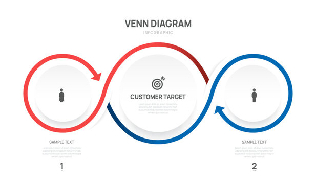 Venn diagram business infographic circle arrow chart template 2 options, presentation with Circular diagram elements vector illustration.