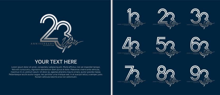 anniversary logo set with handwriting. silver color on blue background for celebration moment