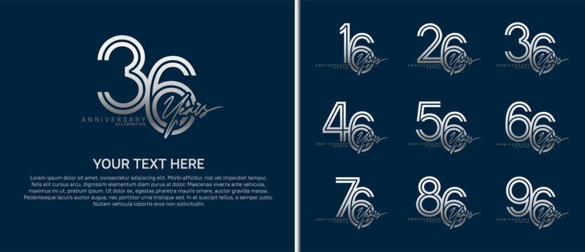 anniversary logo set with handwriting. silver color on blue background for celebration moment
