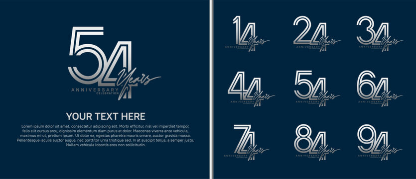 anniversary logo set with handwriting. silver color on blue background for celebration moment