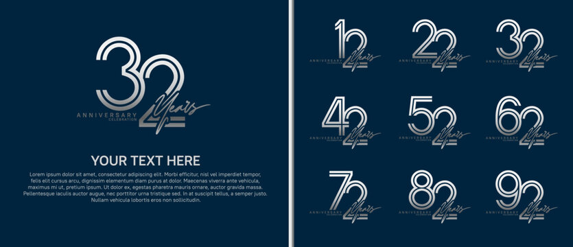 anniversary logo set with handwriting. silver color on blue background for celebration moment