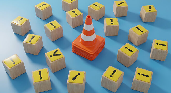 Warning and caution symbolism featuring wooden blocks with exclamation marks crowding around a single orange traffic safety cone exclamation mark attention protection security business obstacle