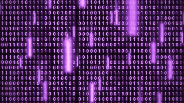 Purple binary code falling on dark digital background