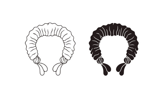 Lawyer Wig Icon Set, Black and White Outline and Silhouette