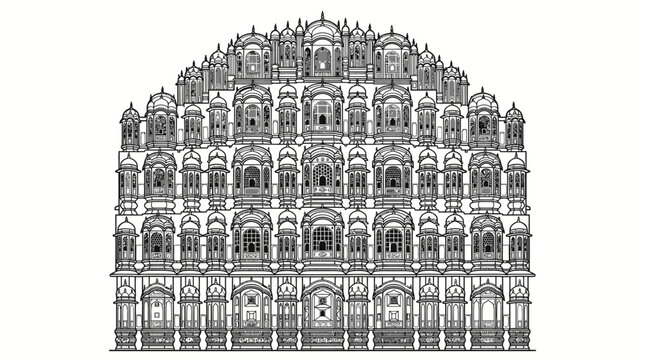Hawa Mahal silhouette, ornate red sandstone palace in Jaipur India, pyramidal fa&ccedil;ade with lattice windows symbolizing Rajput architecture and cultural heritage