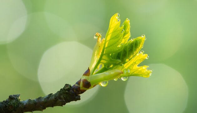 Close-up macro shot of vibrant yellow willow catkin budding on branch in soft green bokeh background