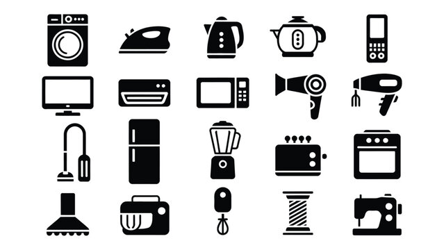 Collection of household and electronic device icons in black and white
